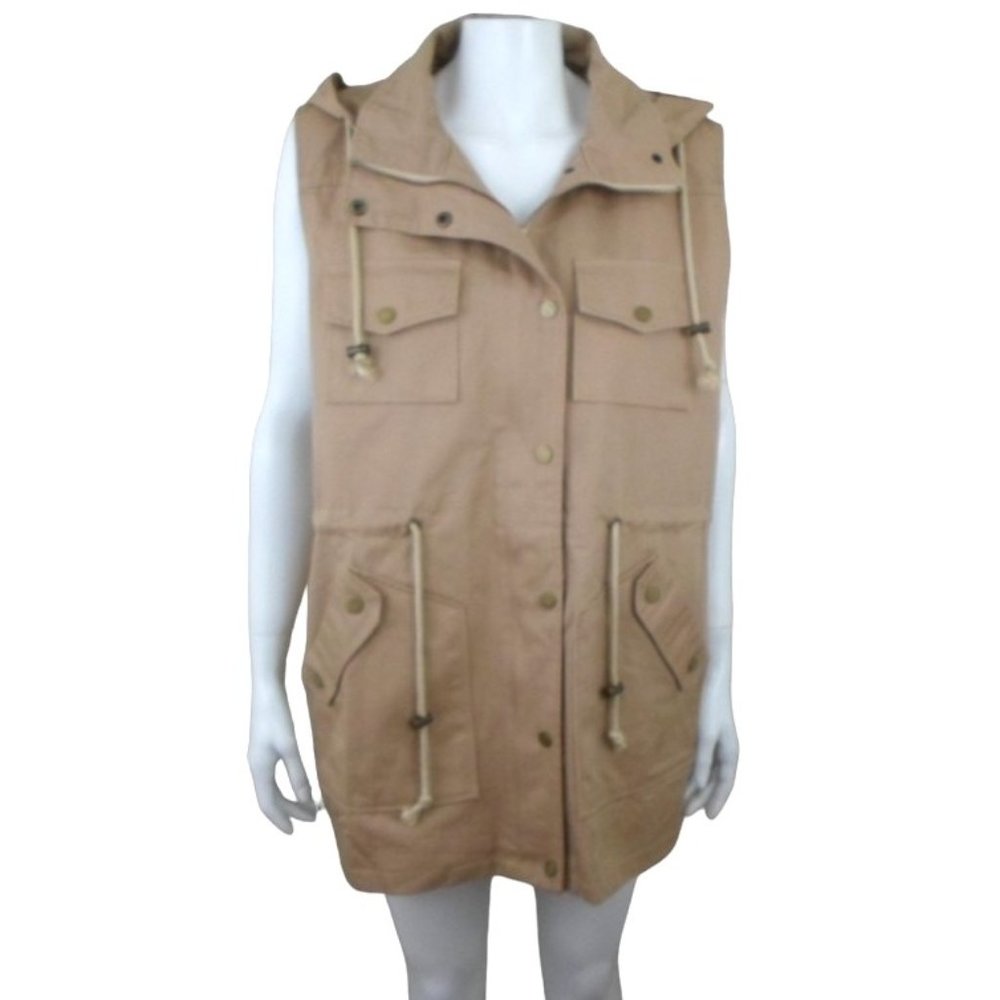 NWT BBX Lephsnt Tan Hooded Utility Safari Vest Pockets Drawcord Waist